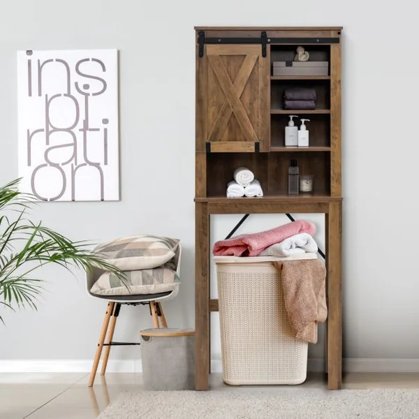 Meuble WC au-Dessus de Toilettes en Bois 4 Étagères avec Porte Coulissante pour Salle de Bain 67x25x172cm