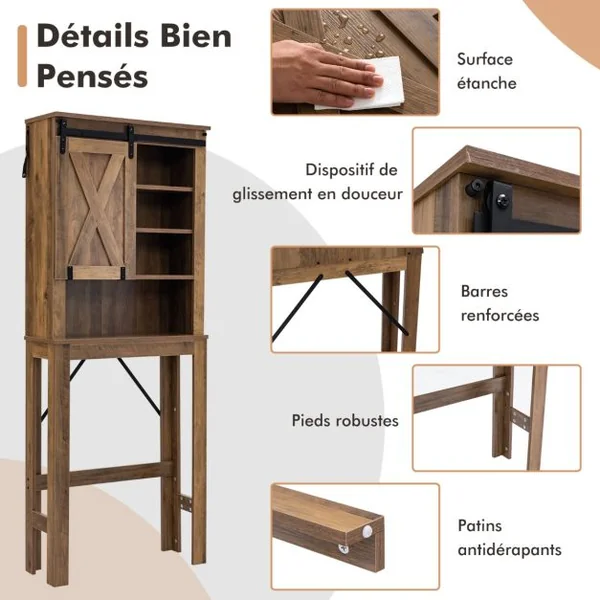 Meuble WC au-Dessus de Toilettes en Bois 4 Étagères avec Porte Coulissante pour Salle de Bain 67x25x172cm