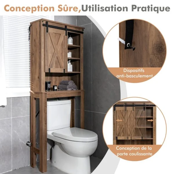 Meuble WC au-Dessus de Toilettes en Bois 4 Étagères avec Porte Coulissante pour Salle de Bain 67x25x172cm
