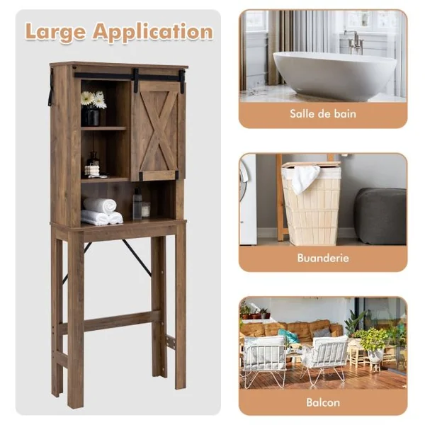 Meuble WC au-Dessus de Toilettes en Bois 4 Étagères avec Porte Coulissante pour Salle de Bain 67x25x172cm