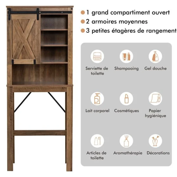 Meuble WC au-Dessus de Toilettes en Bois 4 Étagères avec Porte Coulissante pour Salle de Bain 67x25x172cm