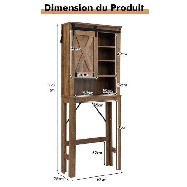 Meuble WC au-Dessus de Toilettes en Bois 4 Étagères avec Porte Coulissante pour Salle de Bain 67x25x172cm