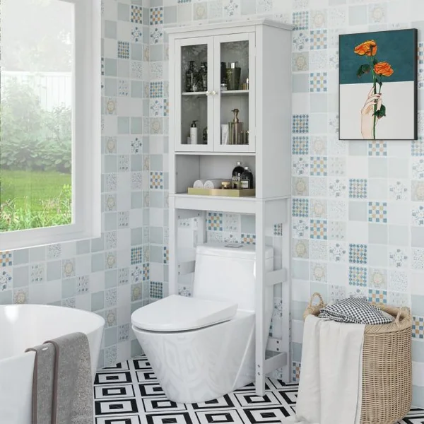 Meuble WC au-Dessus de Toilettes en Bois avec 2 Portes en Verre Trempé et Étagère Réglable 60 x 30 x 173 cm Blanc