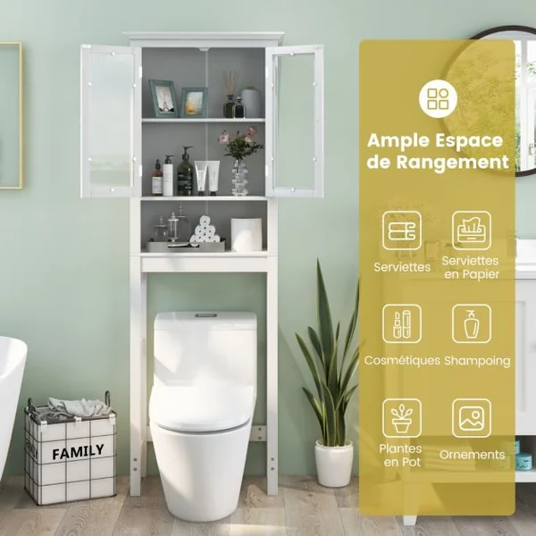 Meuble WC au-Dessus de Toilettes en Bois avec 2 Portes en Verre Trempé et Étagère Réglable 60 x 30 x 173 cm Blanc