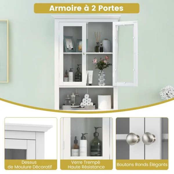 Meuble WC au-Dessus de Toilettes en Bois avec 2 Portes en Verre Trempé et Étagère Réglable 60 x 30 x 173 cm Blanc