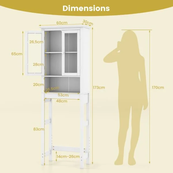 Meuble WC au-Dessus de Toilettes en Bois avec 2 Portes en Verre Trempé et Étagère Réglable 60 x 30 x 173 cm Blanc