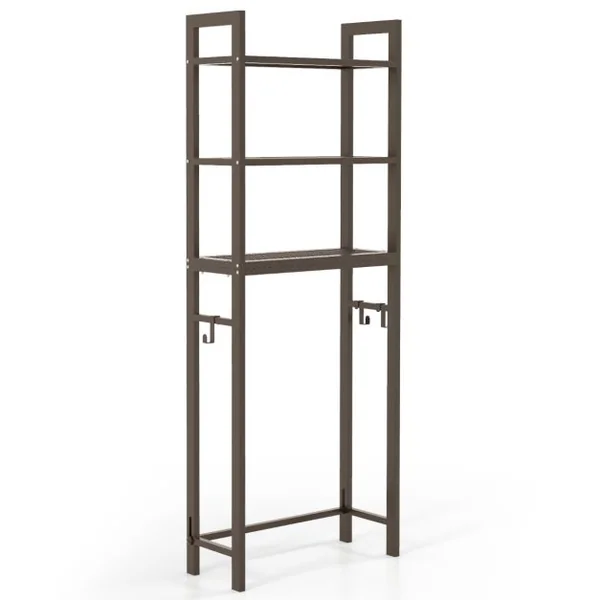 Meuble WC Au-Dessus de Toilettes Étagère de Rangement en Métal Dispositif Anti-basculement 3 Crochets 3 Étagères 63 x 26,5 x 170 cm Gris