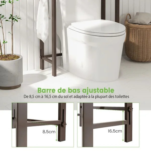Meuble WC Au-Dessus de Toilettes Étagère de Rangement en Métal Dispositif Anti-basculement 3 Crochets 3 Étagères 63 x 26,5 x 170 cm Gris