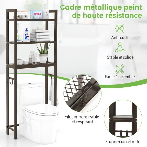 Meuble WC Au-Dessus de Toilettes Étagère de Rangement en Métal Dispositif Anti-basculement 3 Crochets 3 Étagères 63 x 26,5 x 170 cm Gris