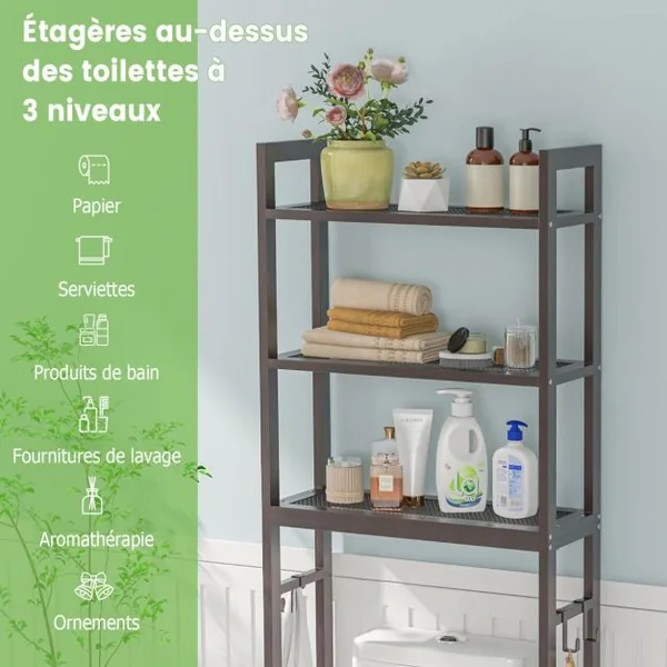 Meuble WC Au-Dessus de Toilettes Étagère de Rangement en Métal Dispositif Anti-basculement 3 Crochets 3 Étagères 63 x 26,5 x 170 cm Gris