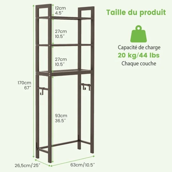 Meuble WC Au-Dessus de Toilettes Étagère de Rangement en Métal Dispositif Anti-basculement 3 Crochets 3 Étagères 63 x 26,5 x 170 cm Gris