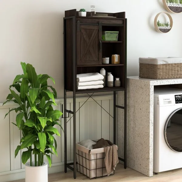 Meuble WC au-Dessus des Toilettes Meuble de Rangement de Salle de Bain à 4 Niveaux avec Étagère Réglable Porte-Papier Style Industriel Brun foncé