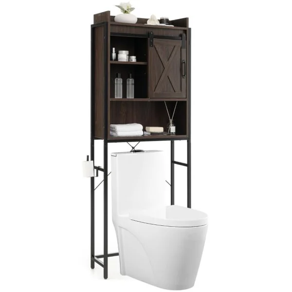 Meuble WC au-Dessus des Toilettes Meuble de Rangement de Salle de Bain à 4 Niveaux avec Étagère Réglable Porte-Papier Style Industriel Brun foncé