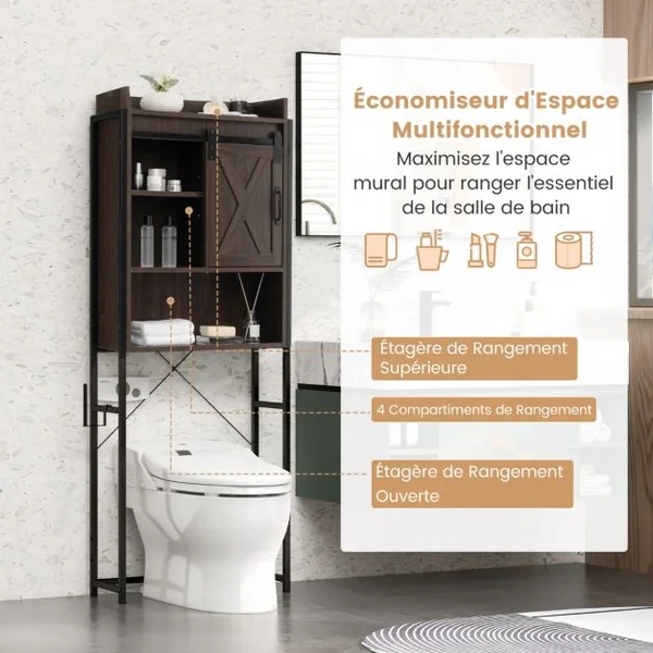 Meuble WC au-Dessus des Toilettes Meuble de Rangement de Salle de Bain à 4 Niveaux avec Étagère Réglable Porte-Papier Style Industriel Brun foncé