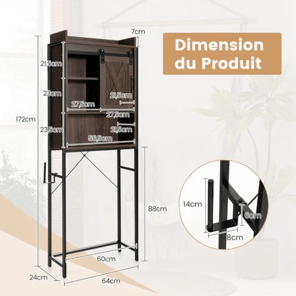 Meuble WC au-Dessus des Toilettes Meuble de Rangement de Salle de Bain à 4 Niveaux avec Étagère Réglable Porte-Papier Style Industriel Brun foncé