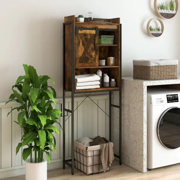 Meuble WC au-Dessus des Toilettes Meuble de Rangement de Salle de Bain à 4 Niveaux avec Étagère Réglable Porte-Papier Style Industriel Marron