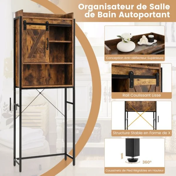Meuble WC au-Dessus des Toilettes Meuble de Rangement de Salle de Bain à 4 Niveaux avec Étagère Réglable Porte-Papier Style Industriel Marron