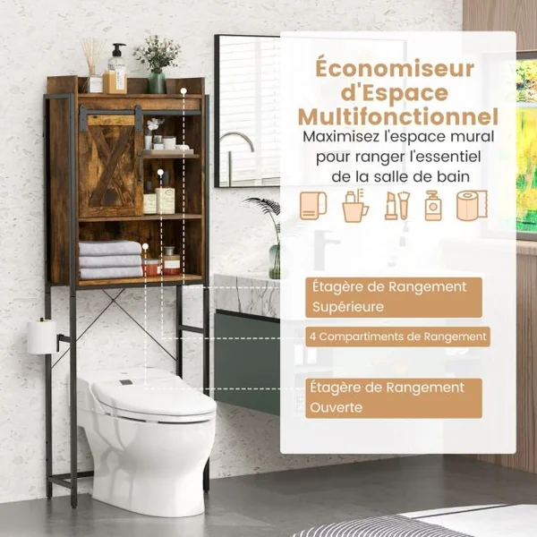 Meuble WC au-Dessus des Toilettes Meuble de Rangement de Salle de Bain à 4 Niveaux avec Étagère Réglable Porte-Papier Style Industriel Marron