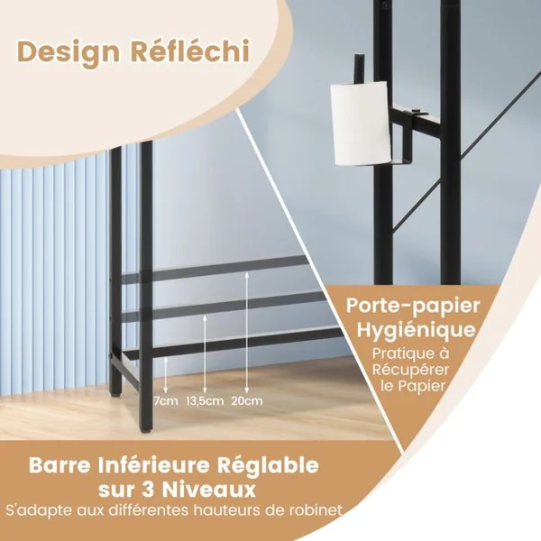 Meuble WC au-Dessus des Toilettes Meuble de Rangement de Salle de Bain à 4 Niveaux avec Étagère Réglable Porte-Papier Style Industriel Marron