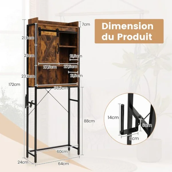 Meuble WC au-Dessus des Toilettes Meuble de Rangement de Salle de Bain à 4 Niveaux avec Étagère Réglable Porte-Papier Style Industriel Marron