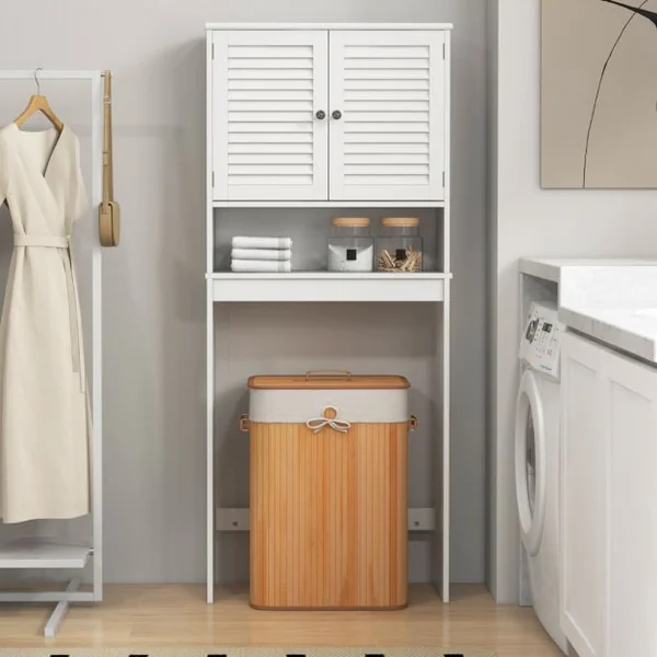 Meuble WC Au-dessus des Toilettes Meuble de Toilettes 2 Portes à Persienne Étagère Réglable Armoire de Rangement 66 x 25,5 x 157 cm Blanc