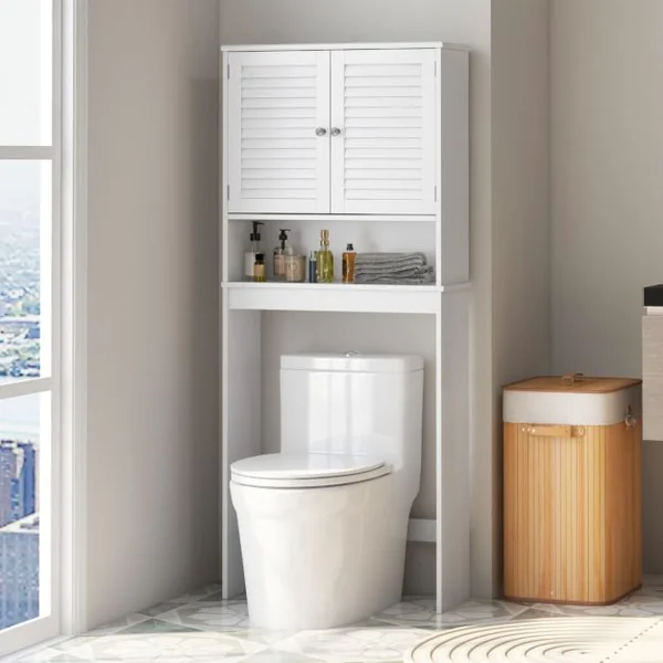 Meuble WC Au-dessus des Toilettes Meuble de Toilettes 2 Portes à Persienne Étagère Réglable Armoire de Rangement 66 x 25,5 x 157 cm Blanc