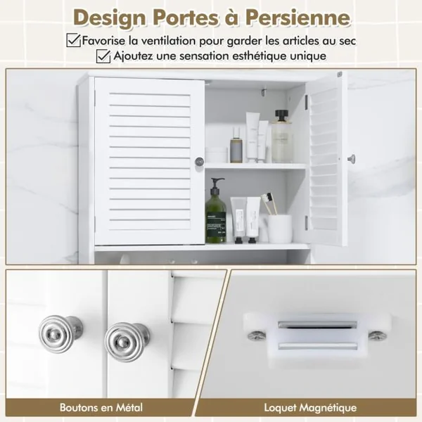 Meuble WC Au-dessus des Toilettes Meuble de Toilettes 2 Portes à Persienne Étagère Réglable Armoire de Rangement 66 x 25,5 x 157 cm Blanc