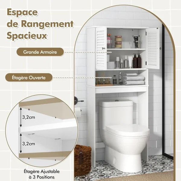 Meuble WC Au-dessus des Toilettes Meuble de Toilettes 2 Portes à Persienne Étagère Réglable Armoire de Rangement 66 x 25,5 x 157 cm Blanc