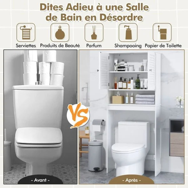 Meuble WC Au-dessus des Toilettes Meuble de Toilettes 2 Portes à Persienne Étagère Réglable Armoire de Rangement 66 x 25,5 x 157 cm Blanc