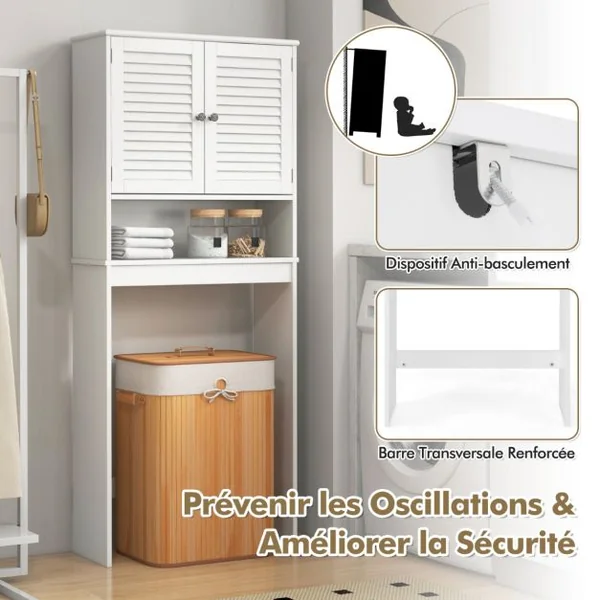 Meuble WC Au-dessus des Toilettes Meuble de Toilettes 2 Portes à Persienne Étagère Réglable Armoire de Rangement 66 x 25,5 x 157 cm Blanc