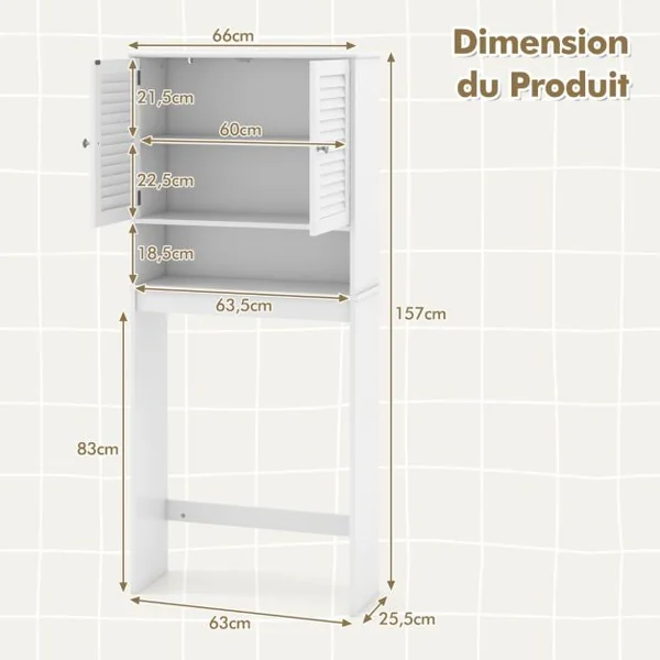 Meuble WC Au-dessus des Toilettes Meuble de Toilettes 2 Portes à Persienne Étagère Réglable Armoire de Rangement 66 x 25,5 x 157 cm Blanc