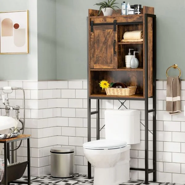 Meuble WC au-Dessus des Toilettes Rangement de Salle de Bain à 4 Niveaux avec Étagère Réglable et 1 Porte Café