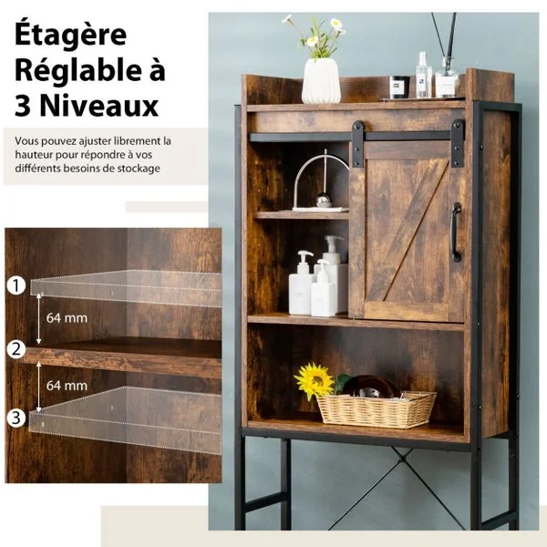 Meuble WC au-Dessus des Toilettes Rangement de Salle de Bain à 4 Niveaux avec Étagère Réglable et 1 Porte Café
