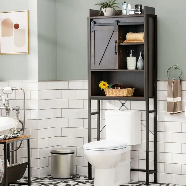 Meuble WC au-Dessus des Toilettes Rangement de Salle de Bain à 4 Niveaux avec Étagère Réglable et 1 Porte Marron