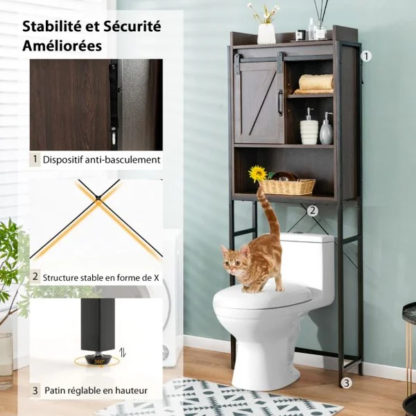 Meuble WC au-Dessus des Toilettes Rangement de Salle de Bain à 4 Niveaux avec Étagère Réglable et 1 Porte Marron