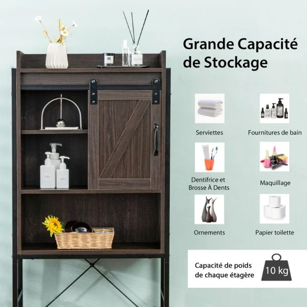 Meuble WC au-Dessus des Toilettes Rangement de Salle de Bain à 4 Niveaux avec Étagère Réglable et 1 Porte Marron