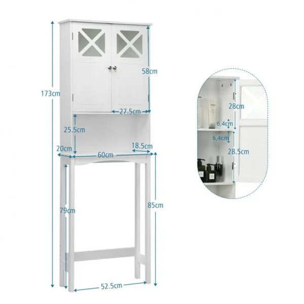 Meuble WC au-Dessus des Toilettes Étagère de Rangement de Salle de Bain Hauteur Réglable 2 Portes avec Verre Trempé Blanc