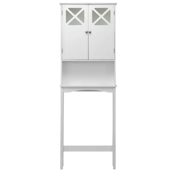 Meuble WC au-Dessus des Toilettes Étagère de Rangement de Salle de Bain Hauteur Réglable 2 Portes avec Verre Trempé Blanc