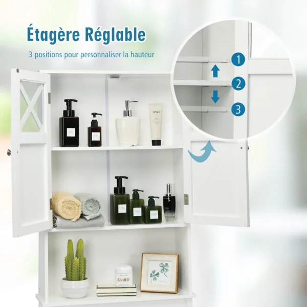 Meuble WC au-Dessus des Toilettes Étagère de Rangement de Salle de Bain Hauteur Réglable 2 Portes avec Verre Trempé Blanc