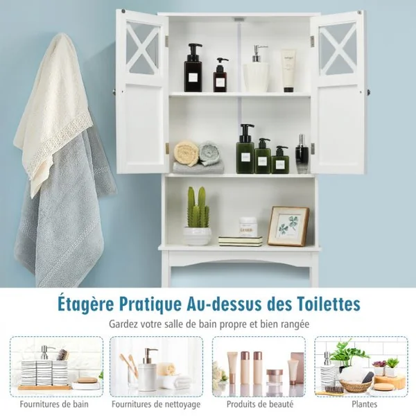 Meuble WC au-Dessus des Toilettes Étagère de Rangement de Salle de Bain Hauteur Réglable 2 Portes avec Verre Trempé Blanc