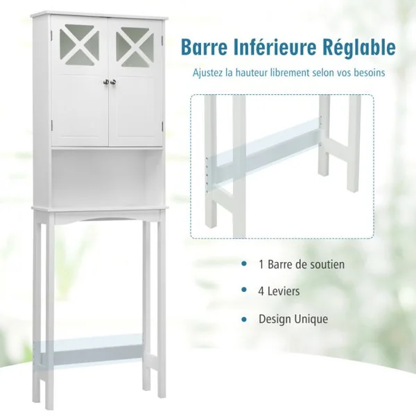 Meuble WC au-Dessus des Toilettes Étagère de Rangement de Salle de Bain Hauteur Réglable 2 Portes avec Verre Trempé Blanc