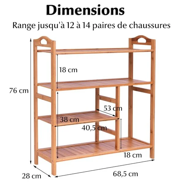 Meuble à Chaussures en Bambou Porte Chaussures avec Étagères à Lattes Étagère de rangement pour Salle de Bain Entrée Naturel