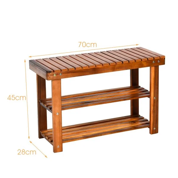 Meuble à Chaussures en Bois d'Acacia Étagère Banc à Chaussures 3 Niveaux Conception à Lattes 70x28x45 cm