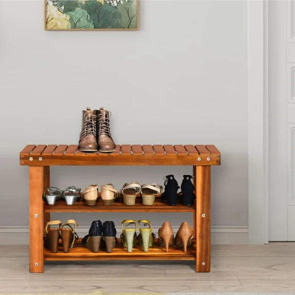 Meuble à Chaussures en Bois d'Acacia Étagère Banc à Chaussures 3 Niveaux Conception à Lattes 70x28x45 cm
