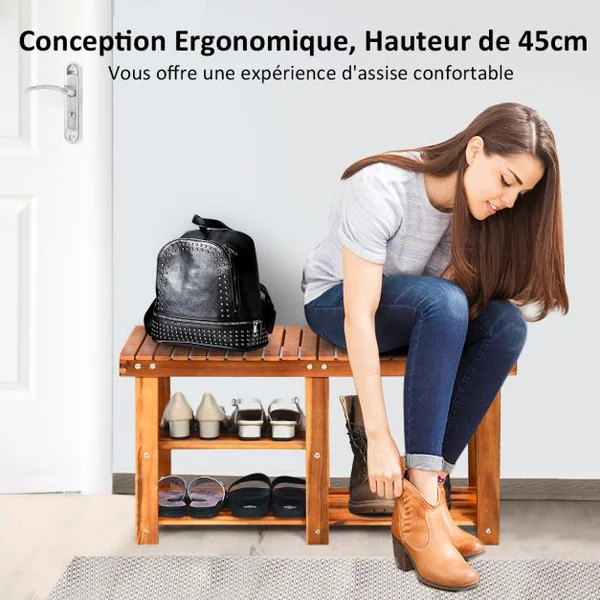 Meuble à Chaussures en Bois d'Acacia Étagère Banc à Chaussures 3 Niveaux Conception à Lattes Charge 160KG 87x28x45CM