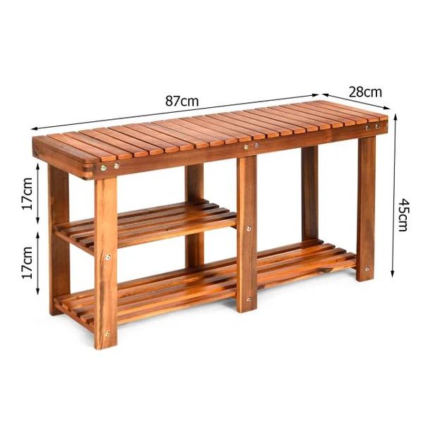 Meuble à Chaussures en Bois d'Acacia Étagère Banc à Chaussures 3 Niveaux Conception à Lattes Charge 160KG 87x28x45CM
