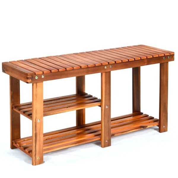 Meuble à Chaussures en Bois d'Acacia Étagère Banc à Chaussures 3 Niveaux Conception à Lattes Charge 160KG 87x28x45CM