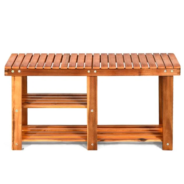 Meuble à Chaussures en Bois d'Acacia Étagère Banc à Chaussures 3 Niveaux Conception à Lattes Charge 160KG 87x28x45CM