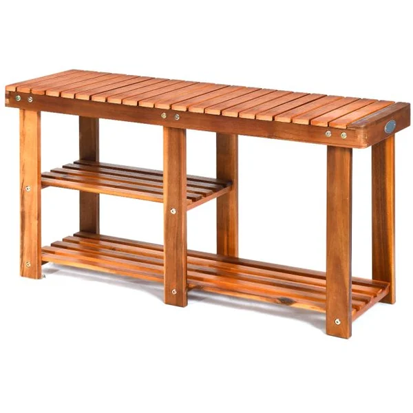 Meuble à Chaussures en Bois d'Acacia Étagère Banc à Chaussures 3 Niveaux Conception à Lattes Charge 160KG 87x28x45CM