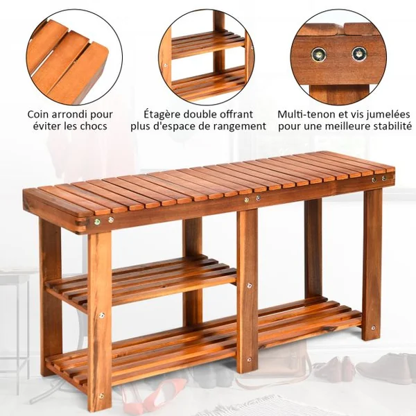 Meuble à Chaussures en Bois d'Acacia Étagère Banc à Chaussures 3 Niveaux Conception à Lattes Charge 160KG 87x28x45CM